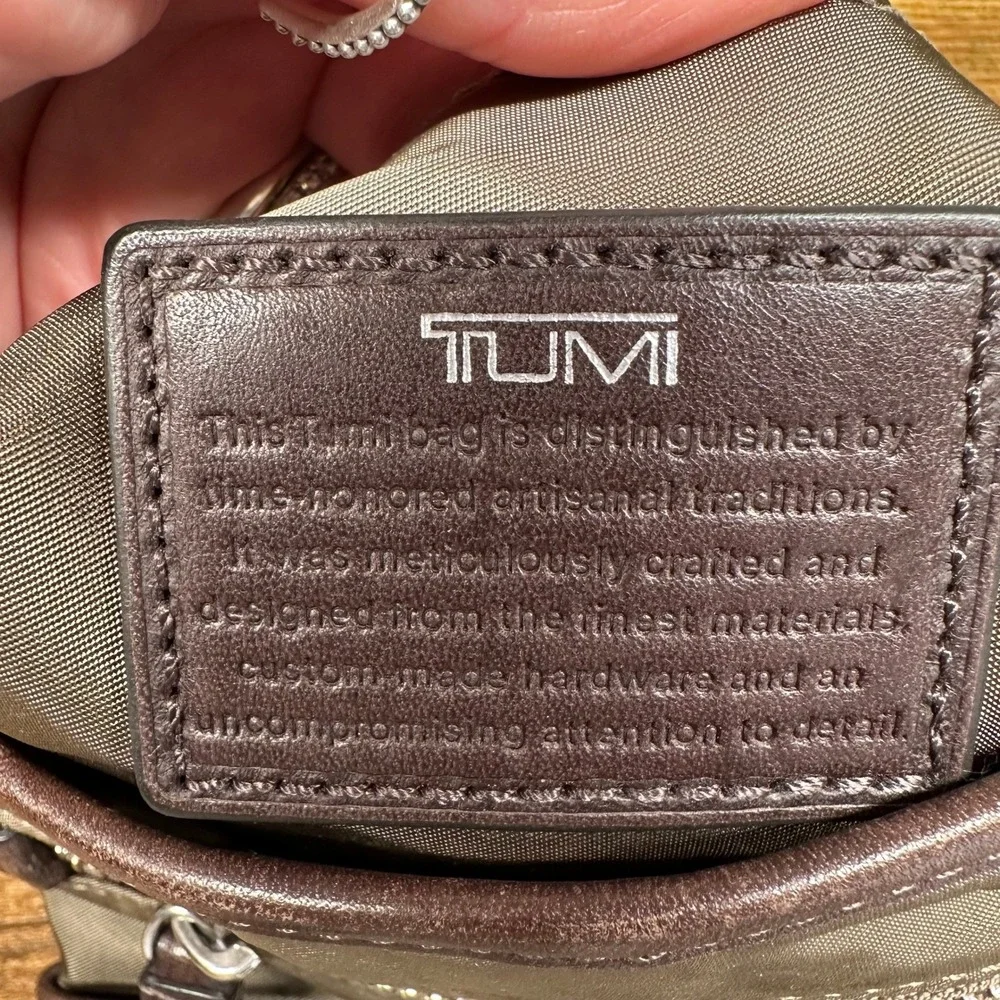 Tumi Ballistic Nylon Leather Trim Crossbody Travel‎ Bag Pouch Olive Brown Small